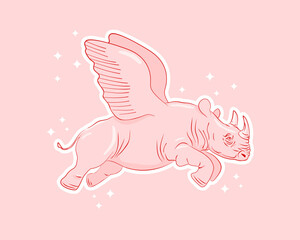 Vector Illustration of Pink Rhino Flying Among Stars. Hand Drawn Magic Rhino with Wings Isolated on a Pastel Pink Background. Fantasy World Safari Print ideal for Poster, Card, Wall Art. RGB Colors.