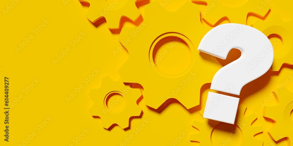Poster white question mark on orange cogwheels and orange background, idea, solution or question or communi