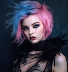portrait of a young woman with pink hair and black dress. Generative AI image.