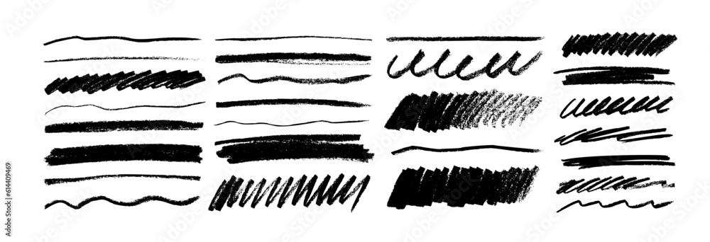 Poster Hand drawn pencil lines and squiggles set. Vector charcoal smears, striketrhoughs and swirls. Doodle style sketchy lines. Horizontal wavy strokes collection. Scratchy strokes with rough edges.