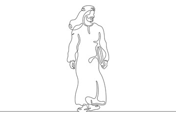 Arab with a laptop in his hand. Man in gutra and kandura. Arab in a headscarf. Laptop internet call. Eastern man. One continuous line. Linear.One continuous line drawn isolated, white background.