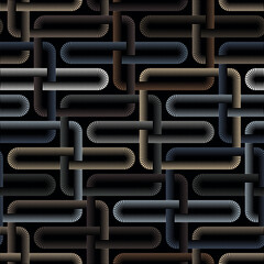 Abstract geometric pattern with intersecting multicolored squares and rectangles on a black background. Brown, blue, grey, and white dashed lines. Ornamental grid in modern style. Seamless pattern.