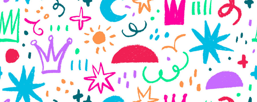 Childish doodles cute multi colored seamless pattern. Swirls, crowns, sparkles, bold circles and stars. Colorful charcoal drawn abstract shapes and various lines. Hand drawn creative shapes, lines.
