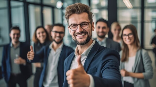 Businessman showing thumbs up sign in front of business team. AI generative image.