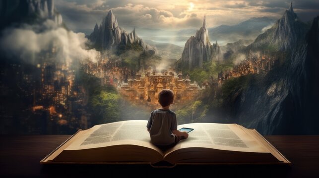 Little boy reading a book in a fantasy world. Fairy tale. AI generative image.