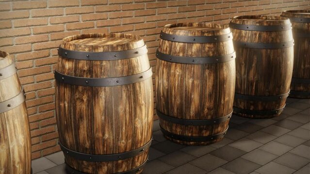 A visual tour through a series of wooden barrels placed near a wall. Industry and craft production. Camera view slightly higher. Looping video. 3D Rendering