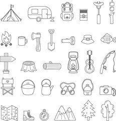 Set of flat camping elements for creating logos, posters, worksheets. Black and white.