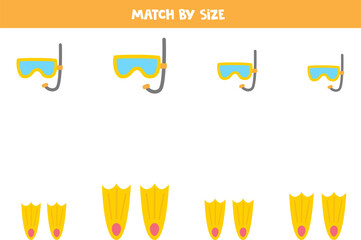 Matching game for preschool kids. Match diving masks and flippers by size.
