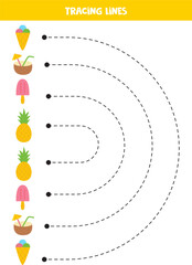 Tracing lines for kids. Cartoon cute summer foods.