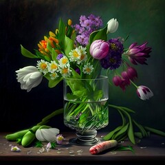 Fresh Spring Flowers in Glass Vase by Generative AI