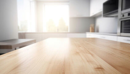 Obraz premium Empty wood table top and blur bokeh modern kitchen interior with window