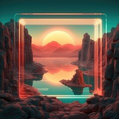 Fantasy landscape with mountains and sunse with sea and frame. Light Neon Frame. generative ai