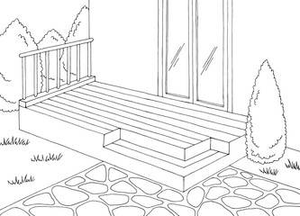 Backyard deck garden graphic black white sketch illustration vector 