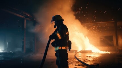 Firefighters extinguish a fire with a water hose at night. Firefighter in action at night. Firefighters fighting a fire. generative ai