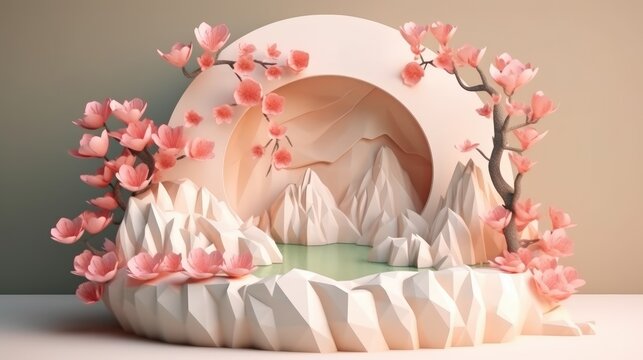 3d rendering of minimal display podium with cherry blossom tree and mountain background. minimal product display podium with cherry blossom tree. generative ai