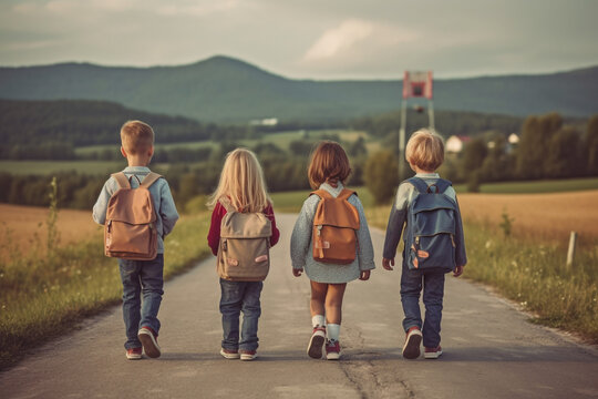 Back To school in autumn. Back view of children with backpacks going to school on a countryside road. High quality photo