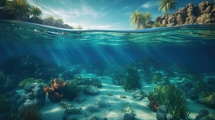 Fototapeta na wymiar Beautiful marine life, abstract natural background, gorgeous coral garden underwater, tropical island with palm trees forest, beauty of wild nature. generative ai