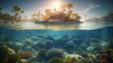 Beautiful marine life, abstract natural background, gorgeous coral garden underwater, tropical island with palm trees forest, beauty of wild nature. generative ai