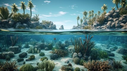 Beautiful marine life, abstract natural background, gorgeous coral garden underwater, tropical island with palm trees forest, beauty of wild nature. generative ai