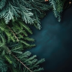 Christmas fir tree branches on black background. Top view with copy space. generative ai