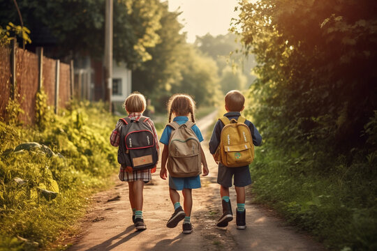 Back To school in autumn. Back view of children with backpacks going to school on a countryside road. High quality photo