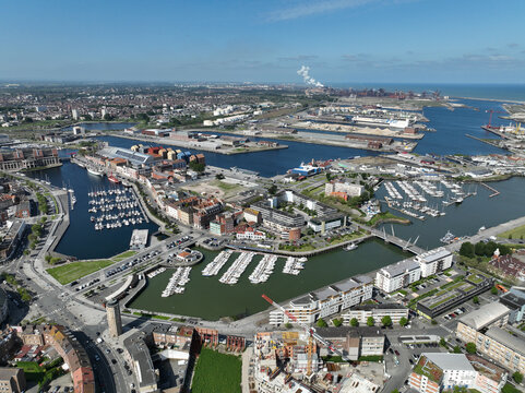 Aerial drone photo of the port and center of Dunkirk, city in the north of France .