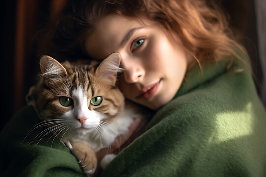 Beautiful Young Woman With A Cat In Her Arms Ai Generated