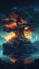 Fantasy landscape with old tree, boat and city. Digital painting. generative ai