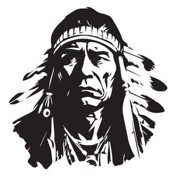 An iconic Native American chief in a black and white vector illustration, capturing the tribal art and rich culture. Feathered headdress, the design represents the ancient warrior heritage. Tattoos