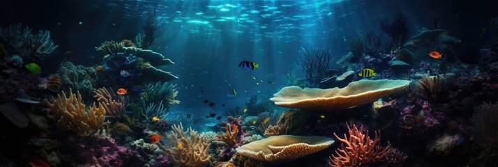 Fototapeta na wymiar Underwater view of tropical coral reef with fishes and corals. Beautiful marine life, abstract natural background, gorgeous coral garden underwater, tropical. beauty of wild nature. generative