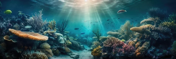 Foto op Plexiglas Underwater view of tropical coral reef with fishes and corals. Beautiful marine life, abstract natural background, gorgeous coral garden underwater, tropical. beauty of wild nature. generative © megavectors