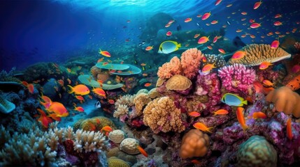Fototapeta na wymiar Underwater view of tropical coral reef with fishes and corals. Beautiful marine life, abstract natural background, gorgeous coral garden underwater, tropical. beauty of wild nature. generative