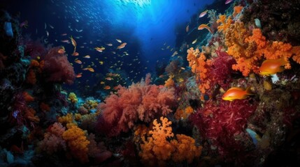 Obraz na płótnie Canvas Underwater view of tropical coral reef with fishes and corals. Beautiful marine life, abstract natural background, gorgeous coral garden underwater, tropical. beauty of wild nature. generative