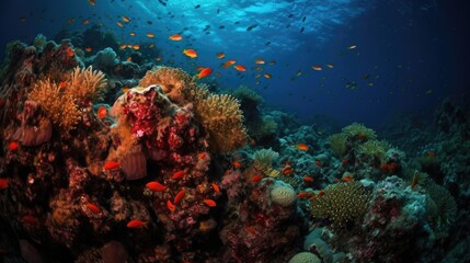 Naklejka na ściany i meble Underwater view of tropical coral reef with fishes and corals. Beautiful marine life, abstract natural background, gorgeous coral garden underwater, tropical. beauty of wild nature. generative