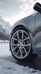 a car on a snowy road. closeup of car wheels. replacement for winter tires. safety in the winter season. travel concept. generative ai.