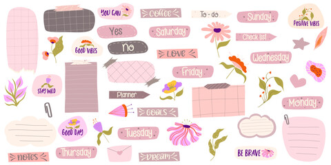 Sticker Planner various paper notes. Aesthetic sticker note with text and flower. Hand drawn cute collection badge. Frame for text and reminder. Flat vector illustration