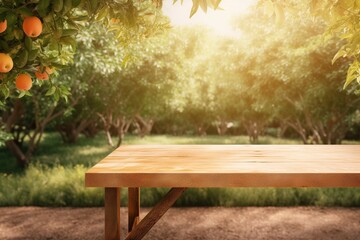 wooden table on the background of the apricot garden. Empty wooden table with free space over trees. For product display montage. generative ai.