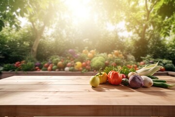wooden table with vegetables on the background of the garden. Empty wooden table with free space over trees. For product display montage. generative ai.