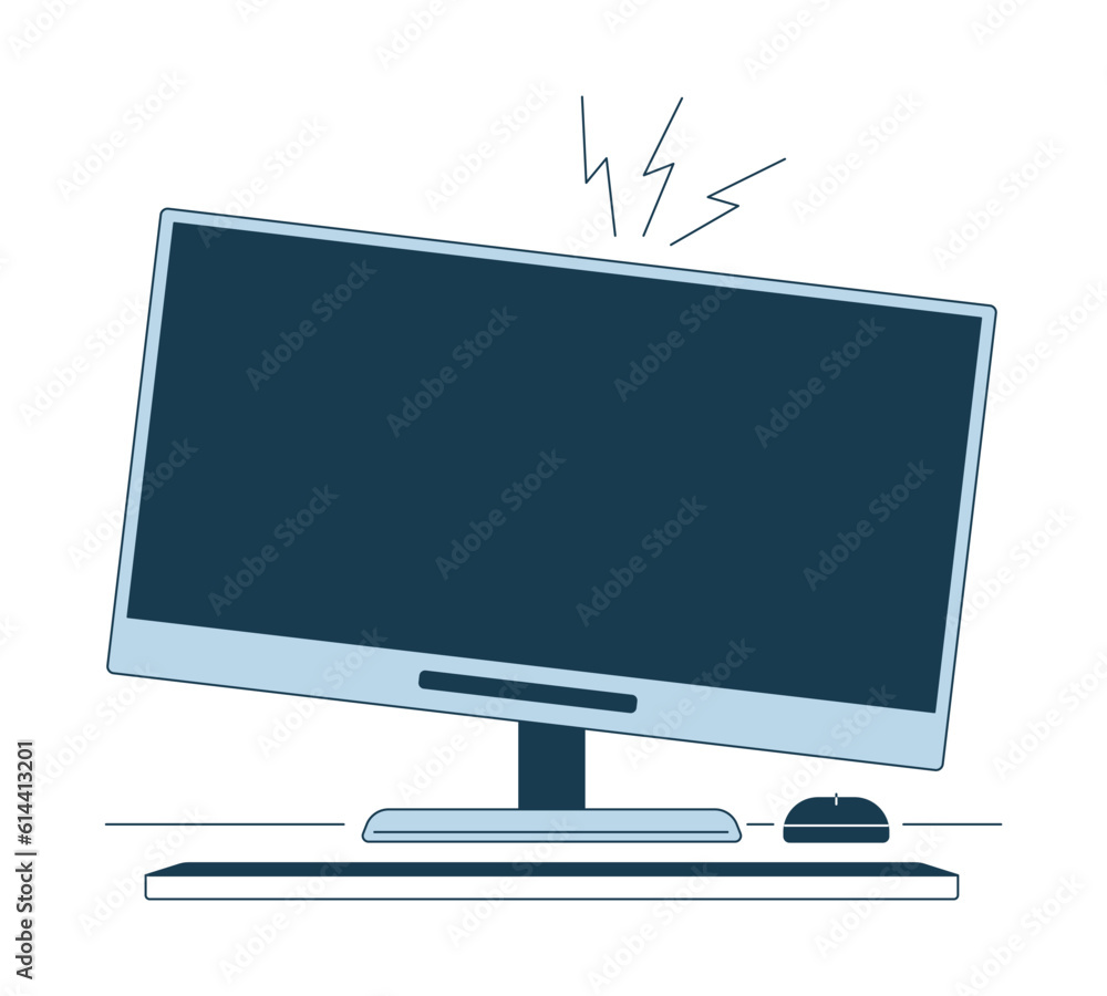 Poster computer monitor crackling flat line color isolated vector object. damaged desktop hardware. editabl