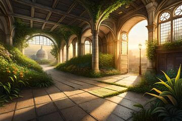 nature reclaiming the ruins in a vibrant display of resilience. The environment is lush with overgrown foliage