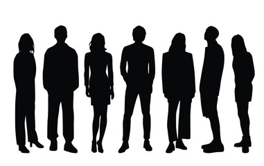 Vector silhouettes of  men and a women, a group of standing  business people, profile, black color isolated on white background