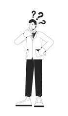 Brainstorming office worker bw concept vector spot illustration. Thinking man question marks 2D cartoon flat line monochromatic character for web UI design. Editable isolated outline hero image