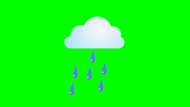 Cartoon simple cloud icon with raining and dripping raindrops on green screen insert, chroma key, green screen, motion graphics, weather icon. stock video 3D animation. Super high resolution. High