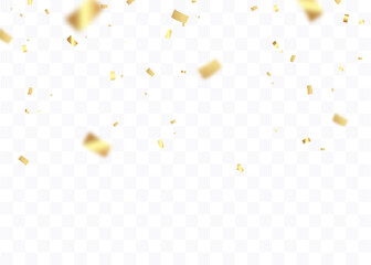 Confetti background. Gold paper pieces and serpentine. Vector party background