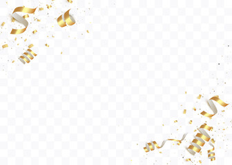 Confetti background. Gold paper pieces and serpentine. Vector party background
