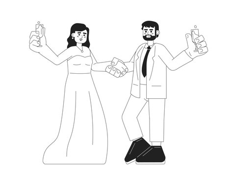 Happy couple celebrating wedding anniversary monochromatic flat vector characters. Champagne cheers. Editable thin line full body people on white. Simple bw cartoon spot image for web graphic design