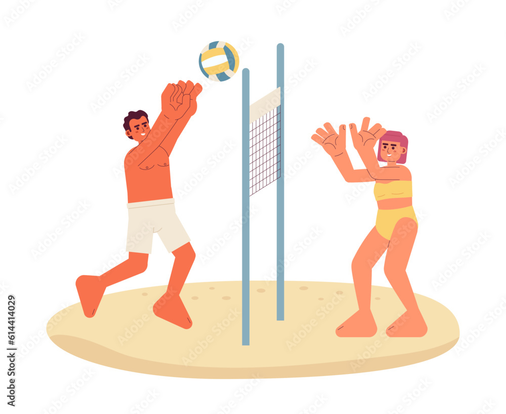 Aufkleber beach volleyball flat vector spot illustration. man and woman in swimsuit playing with ball over net