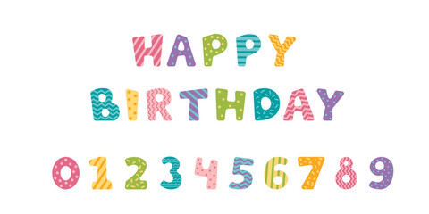 Happy Birthday lettering and numbers. Isolated on white background. Colorful decorative design elements. Vector stock illustration.