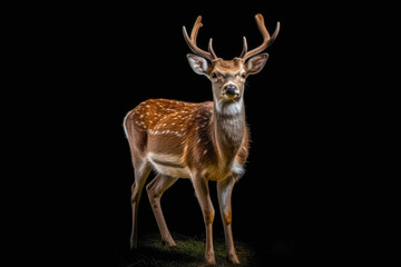 Naklejka na ściany i meble Majestic deer stands proudly against a black background. The contrast between the deer's grace and the darkness surrounding it creates a captivating and mesmerizing scene.