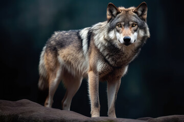 Naklejka na ściany i meble Gray wolf in its natural habitat. Graceful majesty of the wolf, with its piercing gaze and powerful presence. Magnificent creature depicts harmony between strength and elegance.